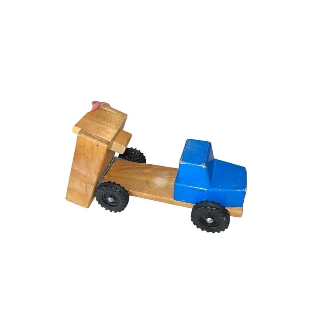 Vintage Wooden Dump Truck Blue Cab 10
